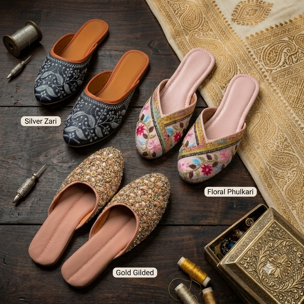 Handcrafted Embroidered Jutti Combo Set of 3 – Pink, Black & Pastel Yellow | Dhivija Collections