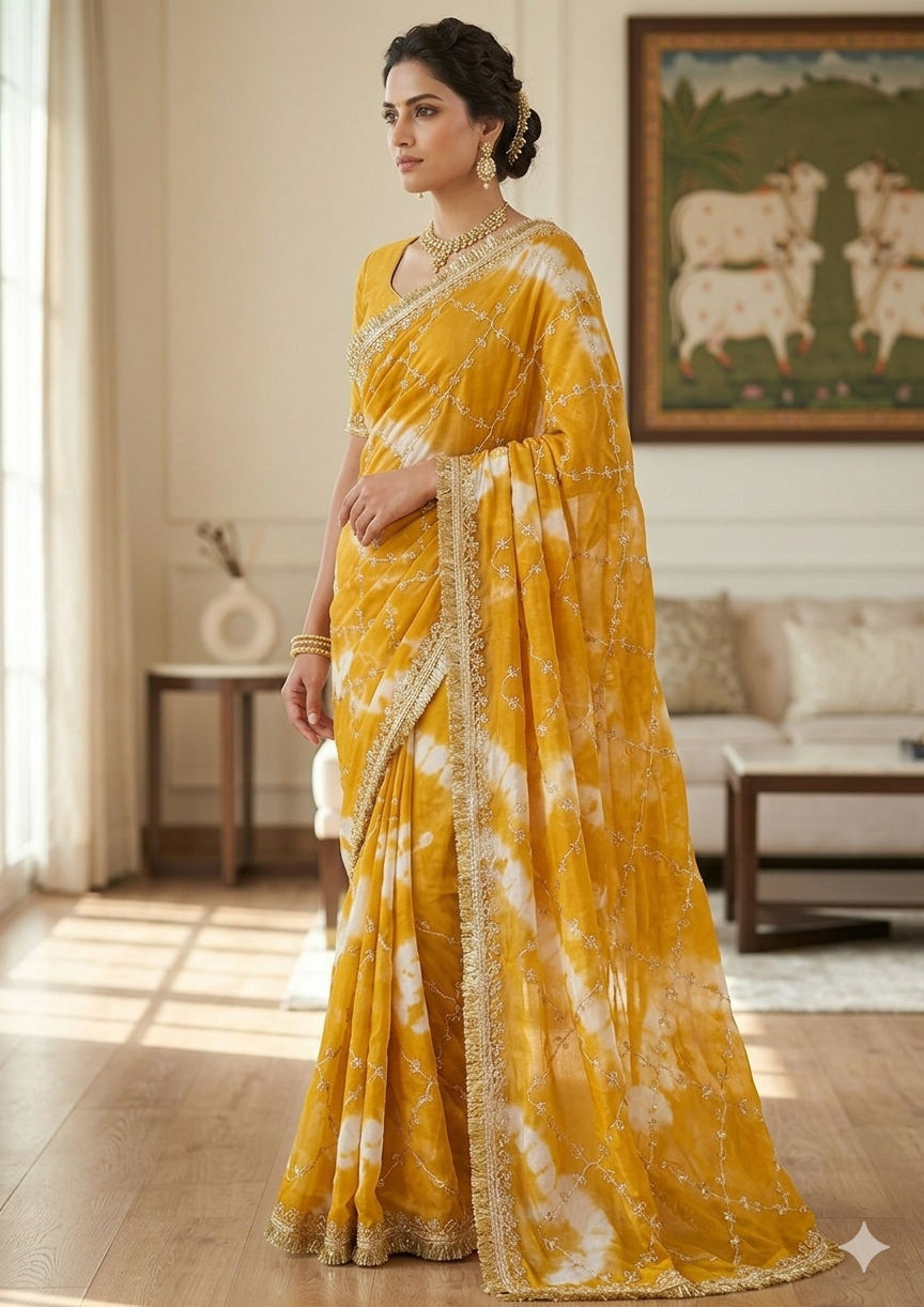 Sun-Kissed Yellow Shibori Saree in Handcrafted Lappe ka Kaam