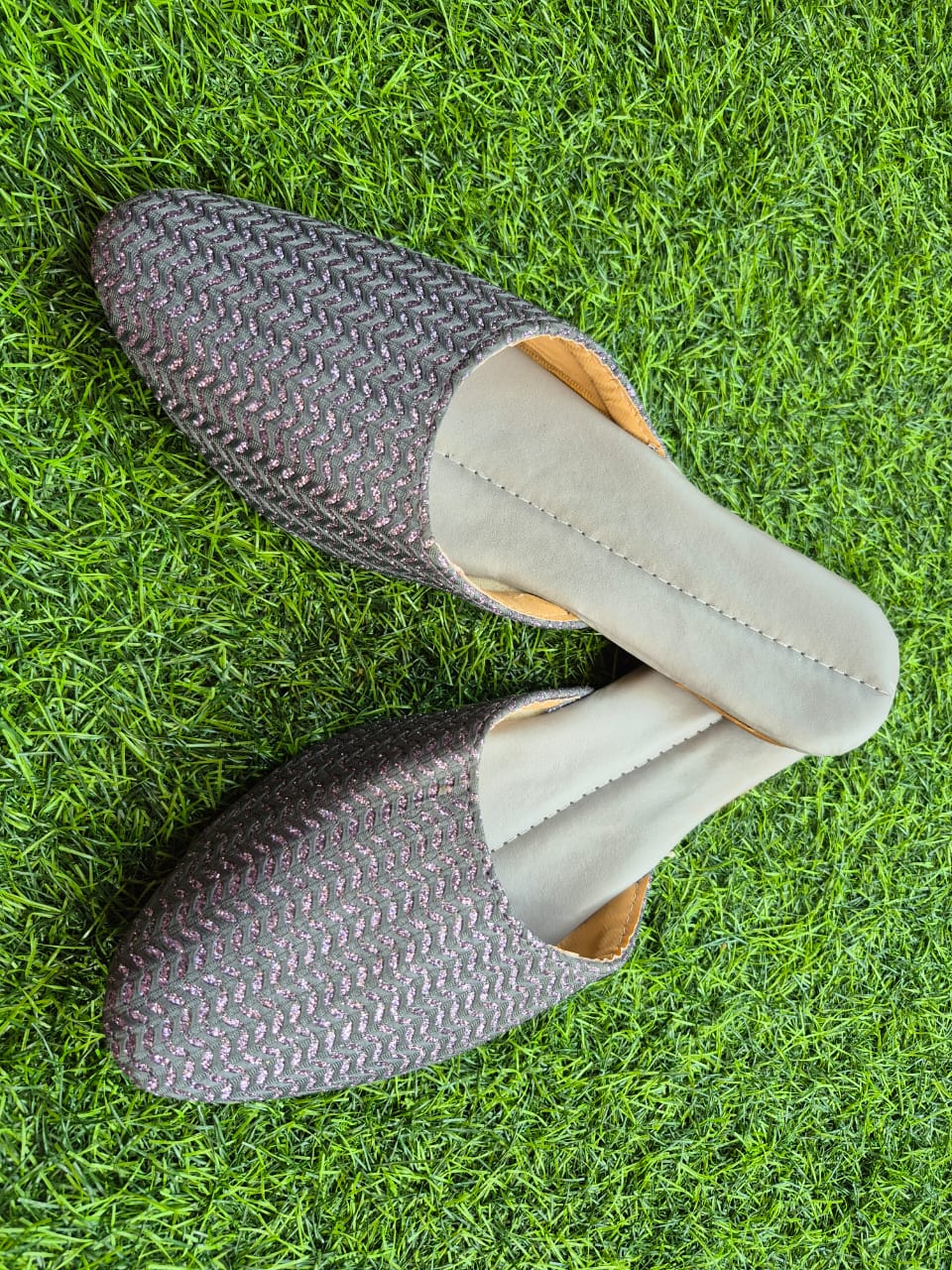 Dhivija Collections Sage Green Shimmer Textured Mules – Elegant Handcrafted Ethnic Party Flats
