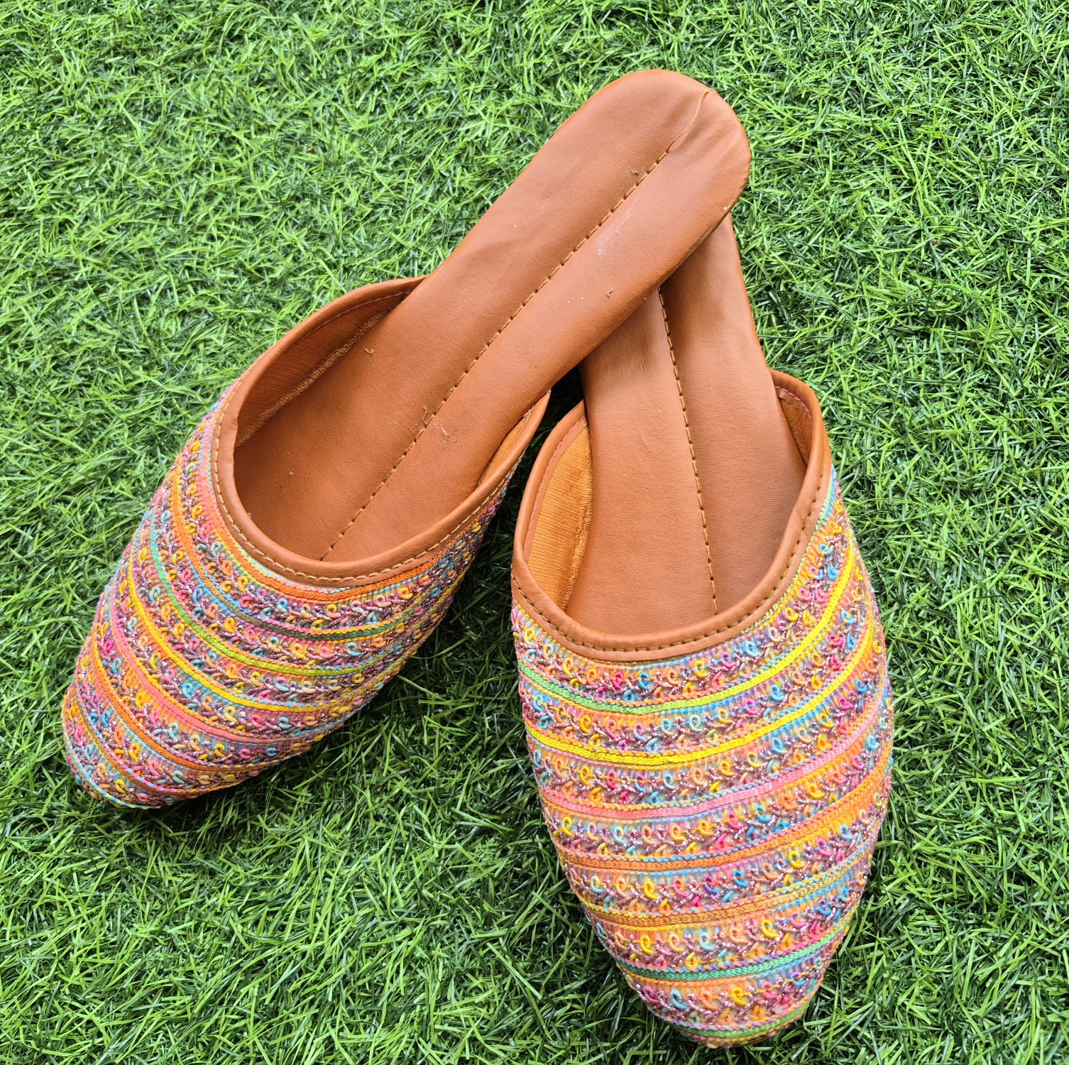 Dhivija Collections Pastel Yellow Floral Embroidered Mules – Handcrafted Multi-Color Ethnic Juttis