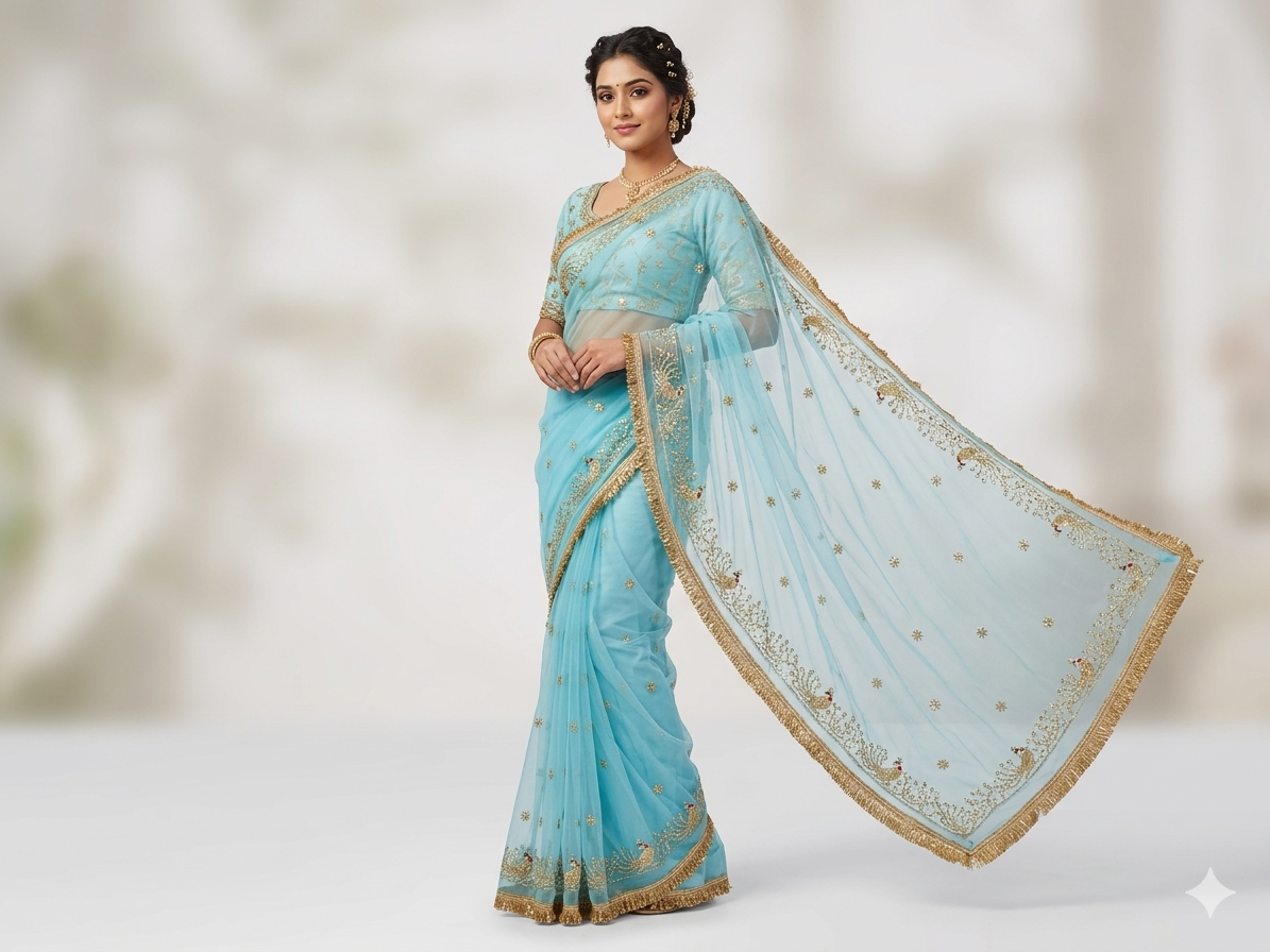 Celestial Blue Net Saree with Shimmering Gold Accents